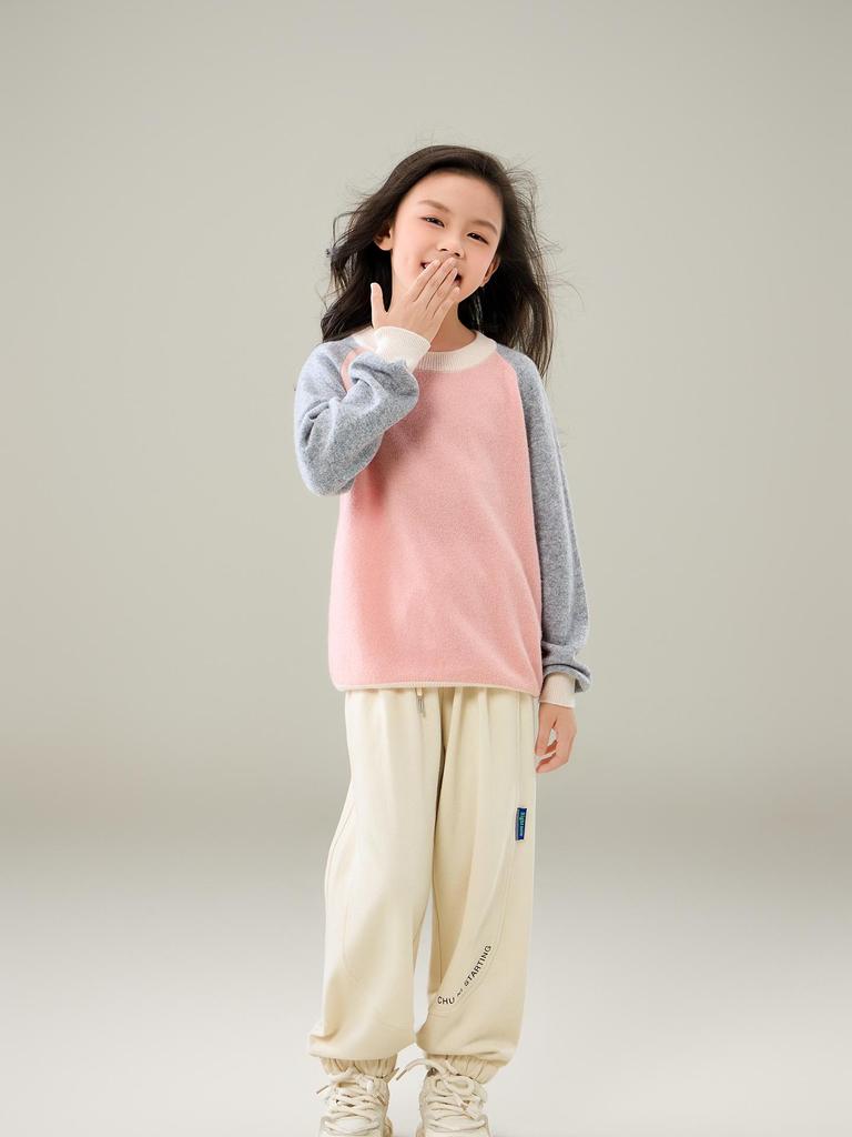 100% Wool Color Block Crew Neck Sweater for Boys & Girls - 2025 Autumn/Winter Collection
