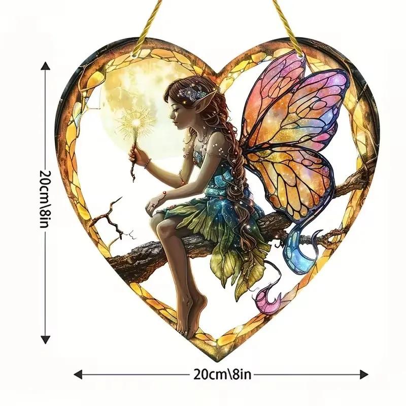 1pcs Magical Fairy Magic Night Fairy Suncatcher Stained Glass Acrylic Heart Wall Hanging For Home And Garden Outdoor Decorative