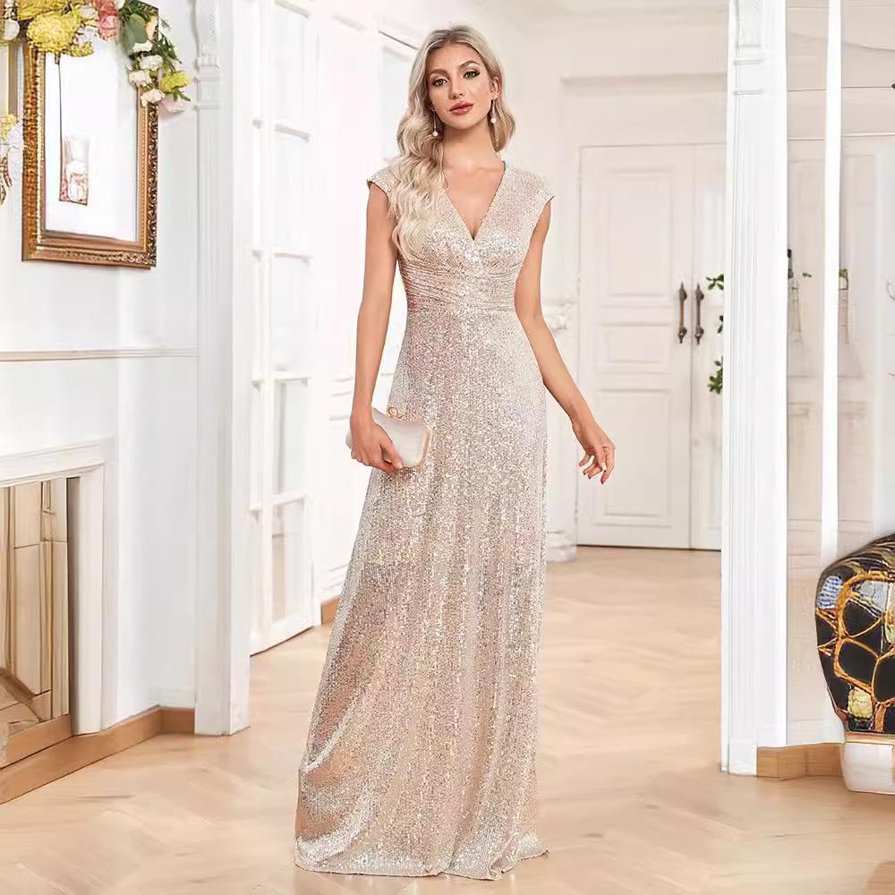 V-Neck Sequin Floor-Length Evening Gown with Slit – Elegant Sleeveless Party Dress