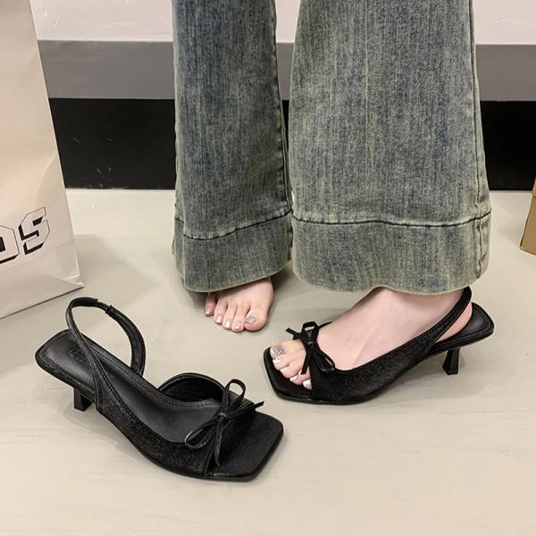 

Fashion Outside Sandals High Heels Female Shoe Square Toe 2025 Summer High-heeled Girls Bow Comfort Open Pumps Scandals Butterfly-knot 35