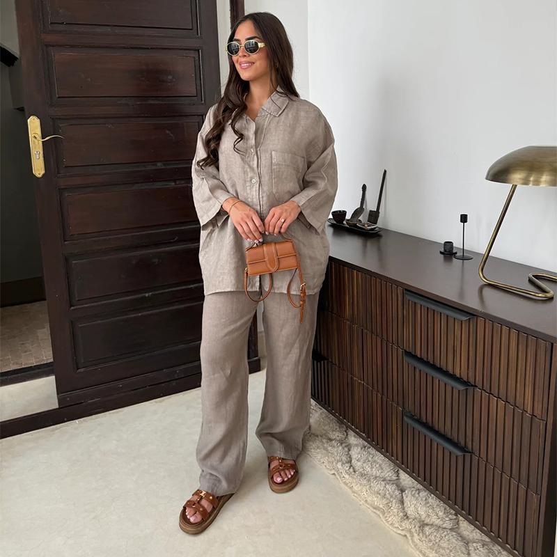 Vintage Solid Shirt Trousers Suit Women Single Breasted Long Sleeve Shirt Wide Leg Pants Summer Female Set