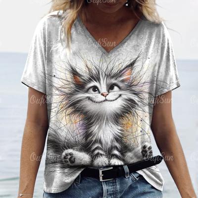 Maglietta estiva da donna con stampa di gatto, casual, a maniche corte, in 3D, alla moda, stile streetwear, girocollo, pullover, abbigliamento oversize femminile