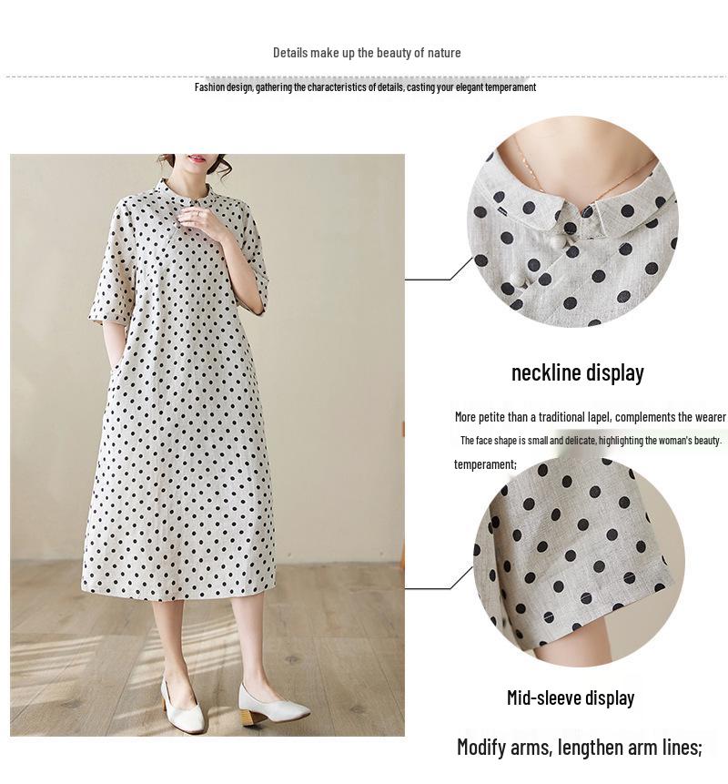 Summer 2026 Cotton Linen Polka Dot A-line Dress for Women