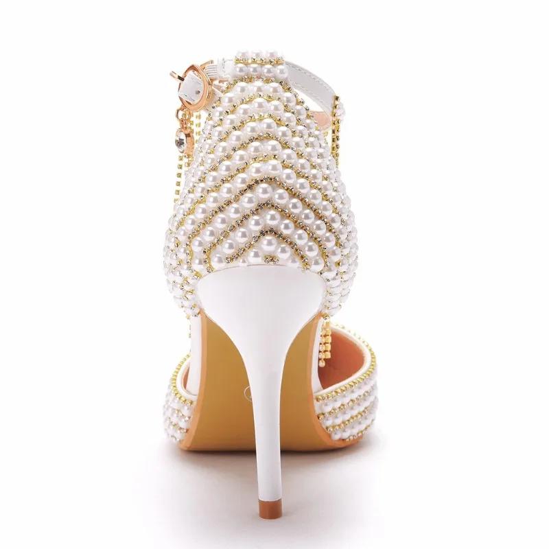 Fashion New Gold Rhinestone String Bead Tassel High-heel Sandals Sweet Girl Take Wedding Photographs  Stage Performance High Heels Shose