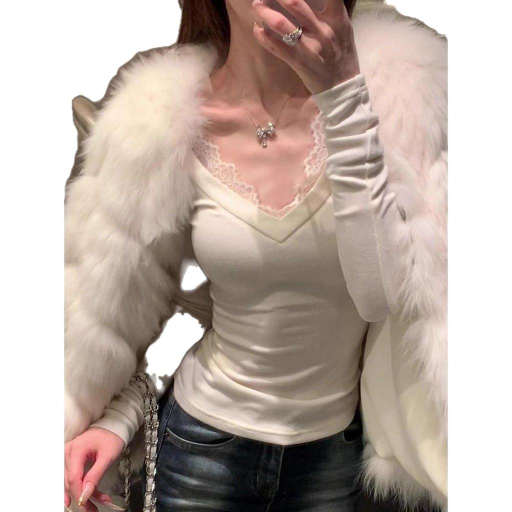 Pure Desire Lace Trim V-Neck Long-Sleeve Top for Women - Autumn Slimming Base Layer