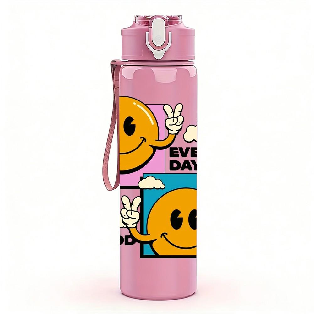 1PC Smiley Face Retro Pop Cartoon Pattern 750ml Color Plastic Sports Water Bottle Leakproof Flip Straw Lid Suitable for Sports Office Home Use