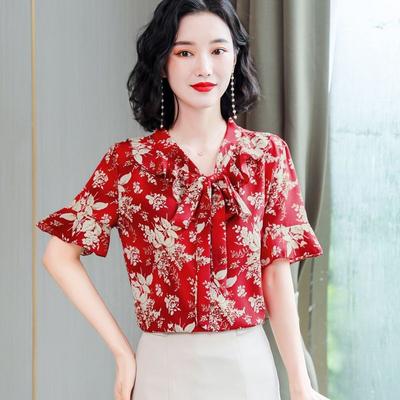 Women's Summer Short Sleeve Chiffon Shirt Printed Loose Large Size Shirt Top