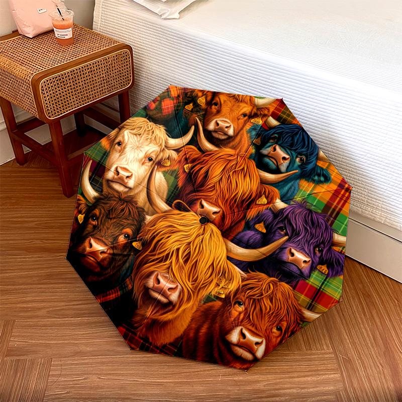 

1 шт. Автоматический складной зонт - Узор «Шотландская корова», Портативная и складная конструкция с 8 спицами, Рождественские и новогодние подарки