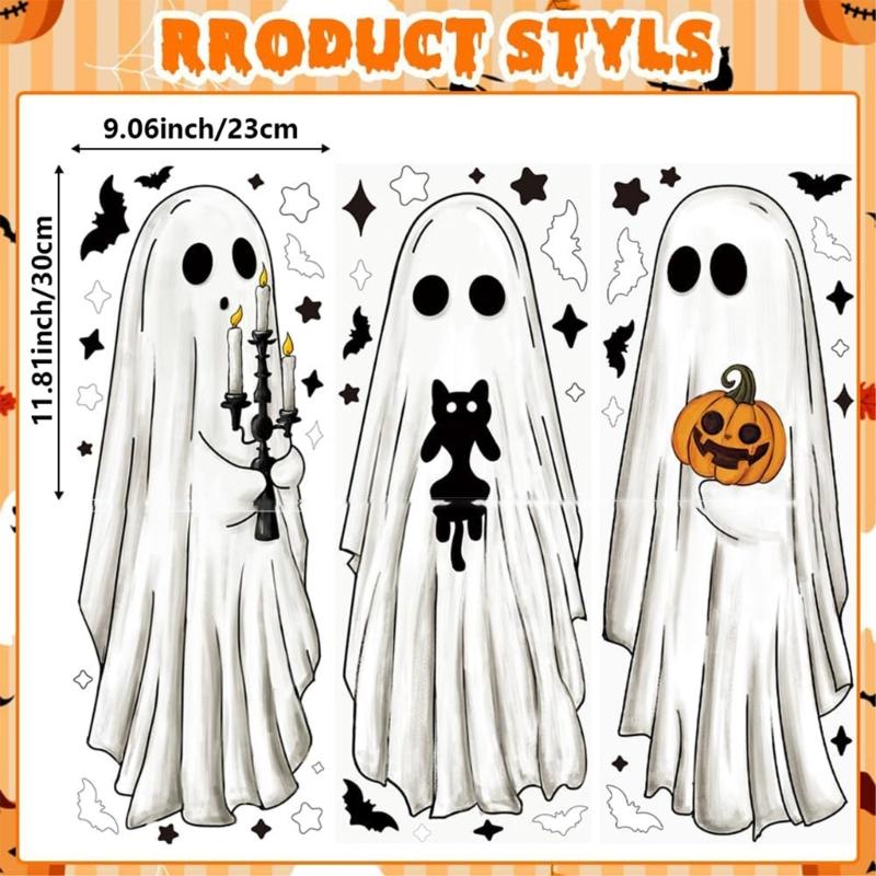 Reusable Plastic Window Sticker Set Horror Large Ghostly Designs Static Cling Halloween Decorations Easy Installation