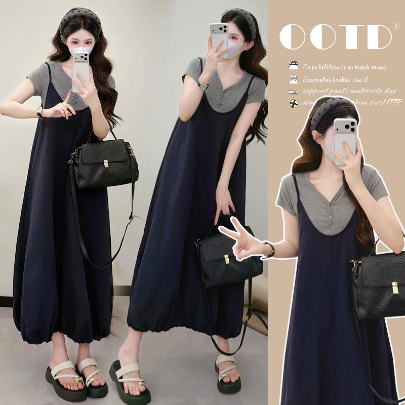 2026 Summer Maternity Two-Piece: Casual T-Shirt & Belly-Cover Maternity Maxi Dress M