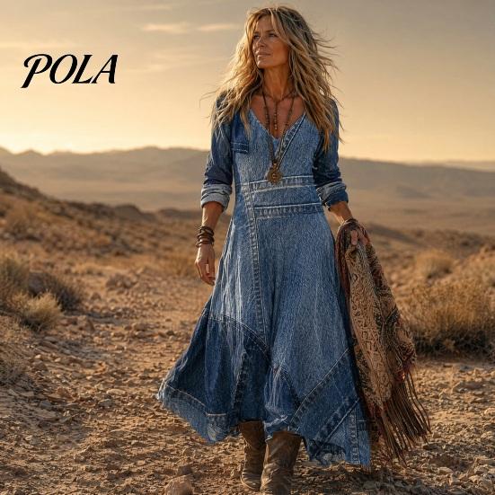Boho Style Dress Denim Print Maxi for Women, Casual Long Sleeve V A-line Neck Dress, Summer Loose Flowy Vacation Women