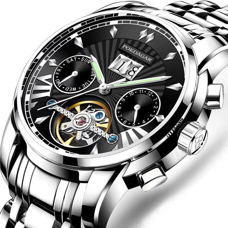 

POEDAGAR Men Watch Top Brand Luxury Automatic Mechanical Watches Waterproof Luminous Business Stainless Stain Wristwatch чёрный/серебряный