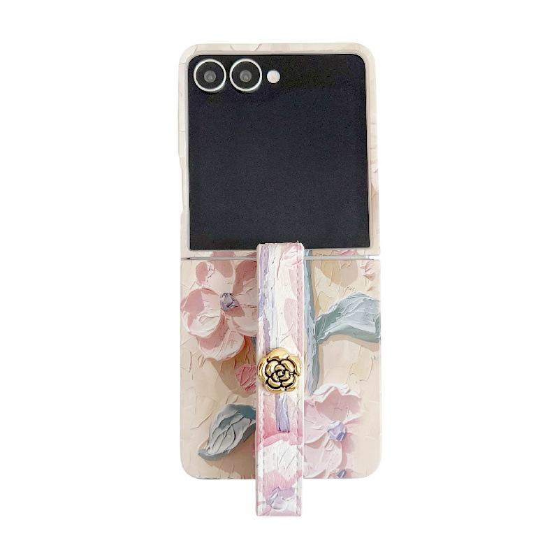 Embossed Watercolor Flower Samsung Z Flip6/5/7 Case with Anti-Lost Wrist Strap