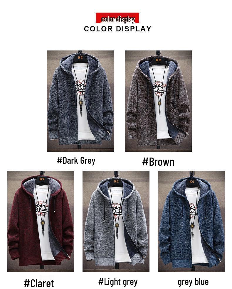 Men's Fleece-Lined Hooded Jacket: Autumn & Winter Warm Knit Cardigan, Loose Fit, Plus Size Sweater