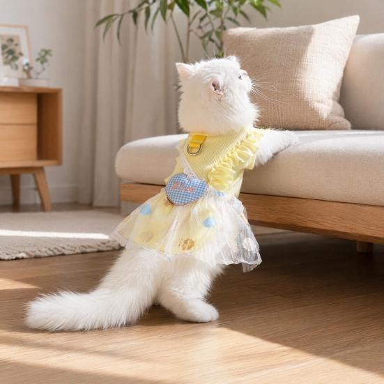 Ruffled Pet Dress, Polka Dot Puppy Dress with Plaid Heart, Cute Dog Princess Dress with D Ring, Breathable Summer Outfit for Small Dogs Cats