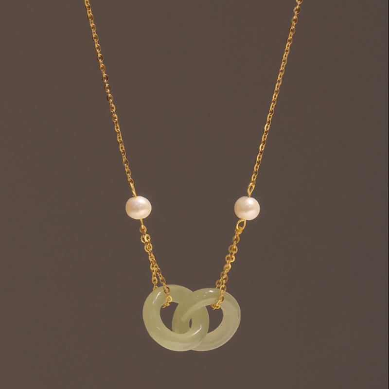 

Hetian Jade Double Ring Clavicle Necklace with Safety Buckle and Emerald Pendant for Women.