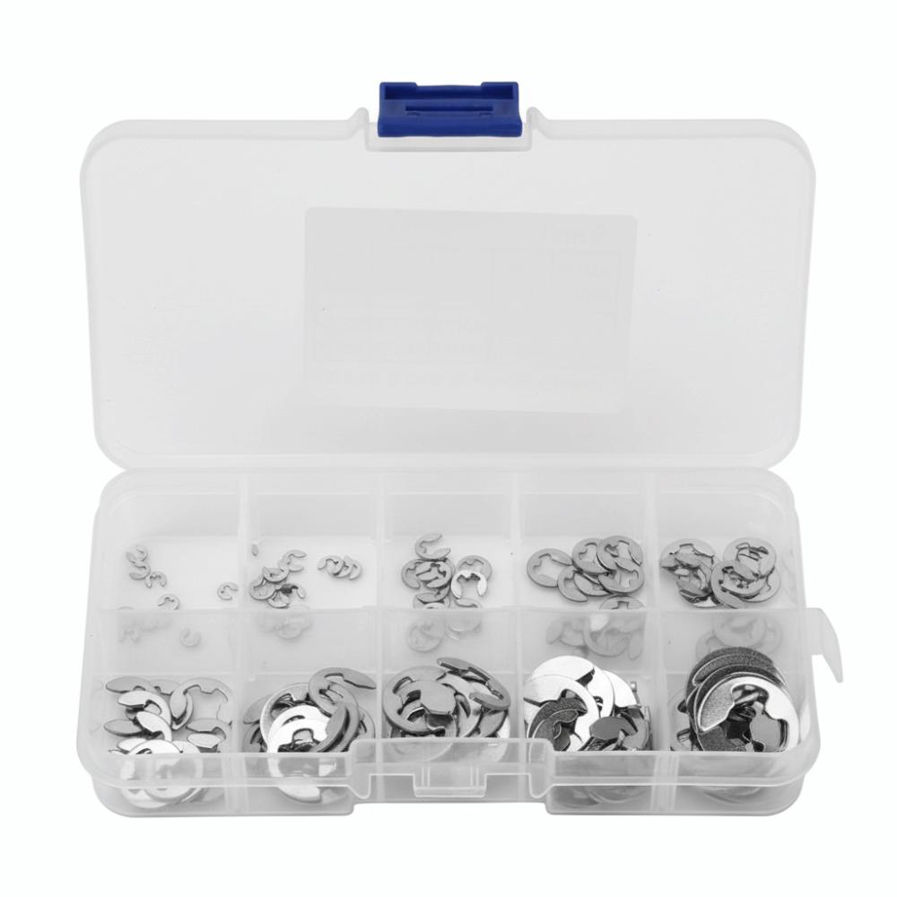 

200 шт. 10 размеров (М1.5-М10) Набор зажимов E-Clip из нержавеющей стали 304, термообработанный, набор внешних стопорных колец, метрические размеры