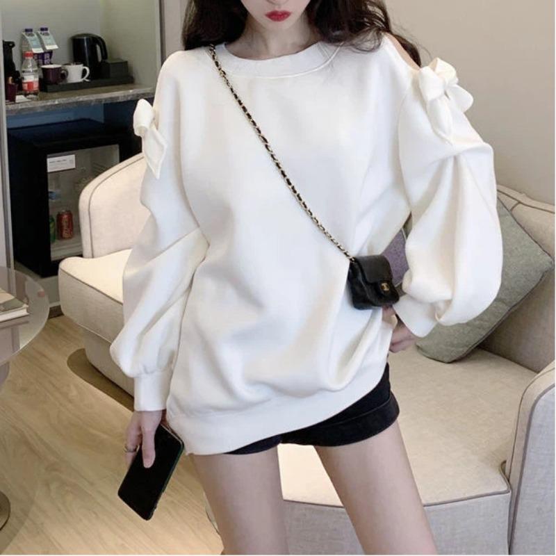 Women's White Off-Shoulder Sweatshirt Loose Fit Long Sleeve Casual Mini Dress with Pockets