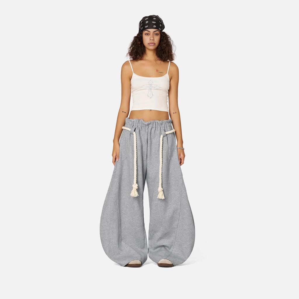Women's High Waisted Street Style Wide Leg Sweatpants Thick Braided Drawstring Loose Baggy Floor Length Casual Fashion Trousers