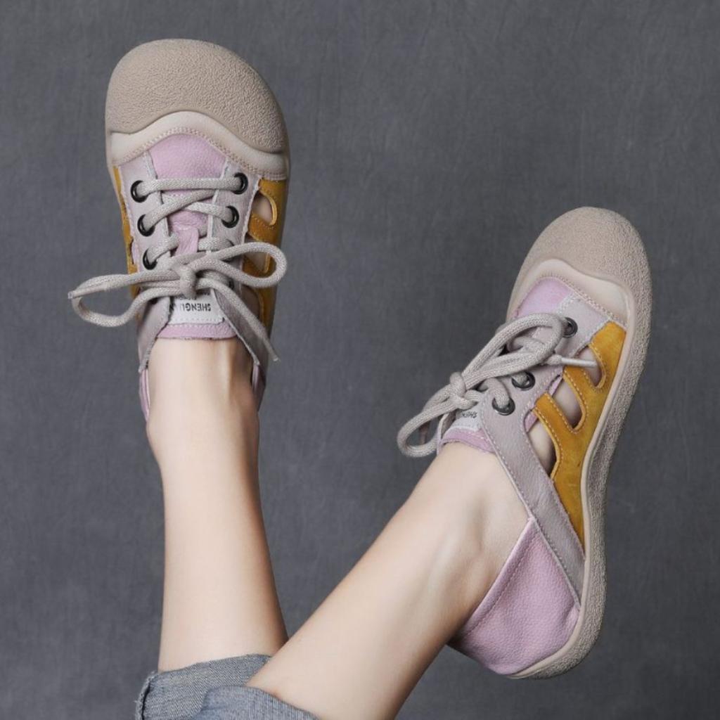 Fashion GKTINOO Genuine Leather Retro Hollowed Out Women's Flat Shoes 2025 Summer New Versatile Casual Soft Soled Mixed Colors Sandals