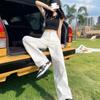 Women's High Rise Straight Leg Jeans Loose Fit Fresh Style No Stretch White Drapey Denim Trousers