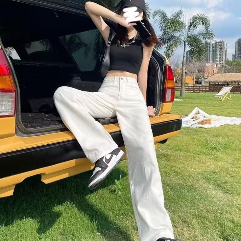 Women's High Rise Straight Leg Jeans Loose Fit Fresh Style No Stretch White Drapey Denim Trousers