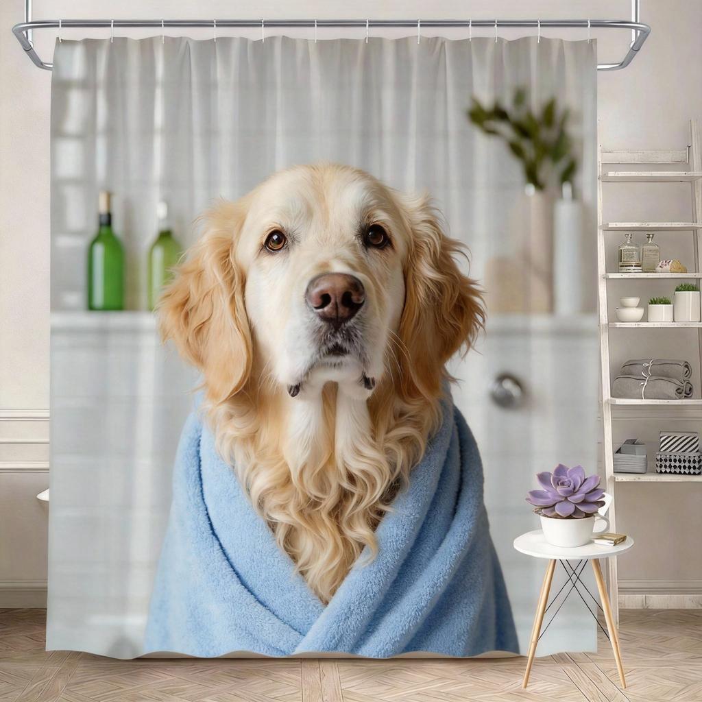 Golden Retriever Duschvorhang 180x180cm – Hund in Handtuch gewickelt, Geschenk für Hundeliebhaber, 12 Haken Badezimmer dekorativer Duschvorhang