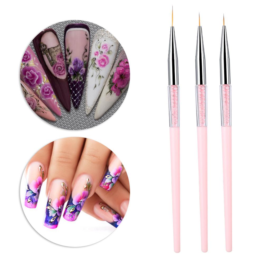 3pcs Nail Art Dotting Liner Brush UV Gel Painting Pen Drawing Tool Set Rhinestone Handle (Pink)