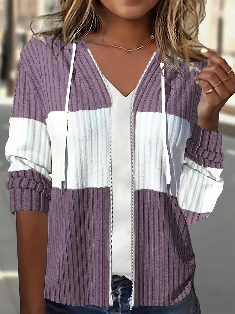 Colorblock Zip-up Hoodie-Jacke, Lässige Langarm-Kordelzug-Rippstrickjacke für Frühling & Herbst, Damenbekleidung