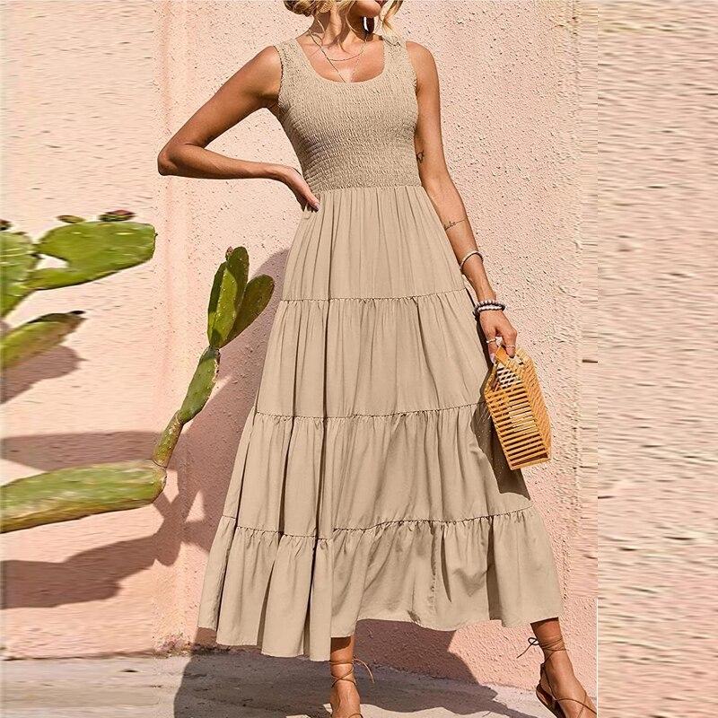 Summer Dress Women Casual Folds Patchwork Fashion A-Line Dress Woman Sleeveless Elegant Square Collar Dresses Women Clothing 25815