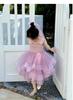 High end girls' dress summer 2026 beautiful children's suspender pink princess dress fluffy veil birthday dress