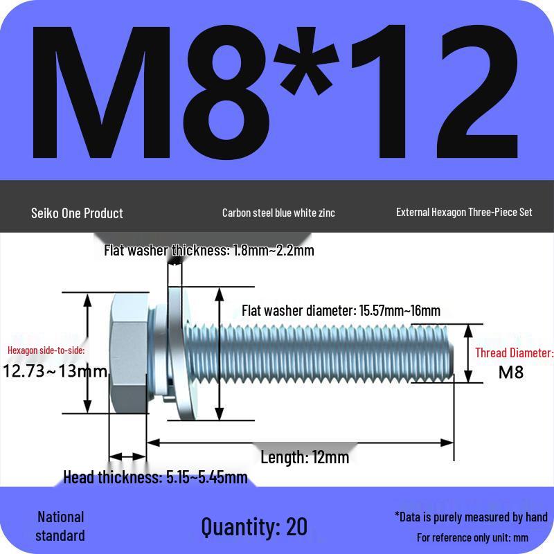 Grade 8.8 Galvanized Hex Head Screw Set with Hex Bolt, Spring Washer, and Flat Washer (Sizes: M4, M5, M6, M8, M10, M12)