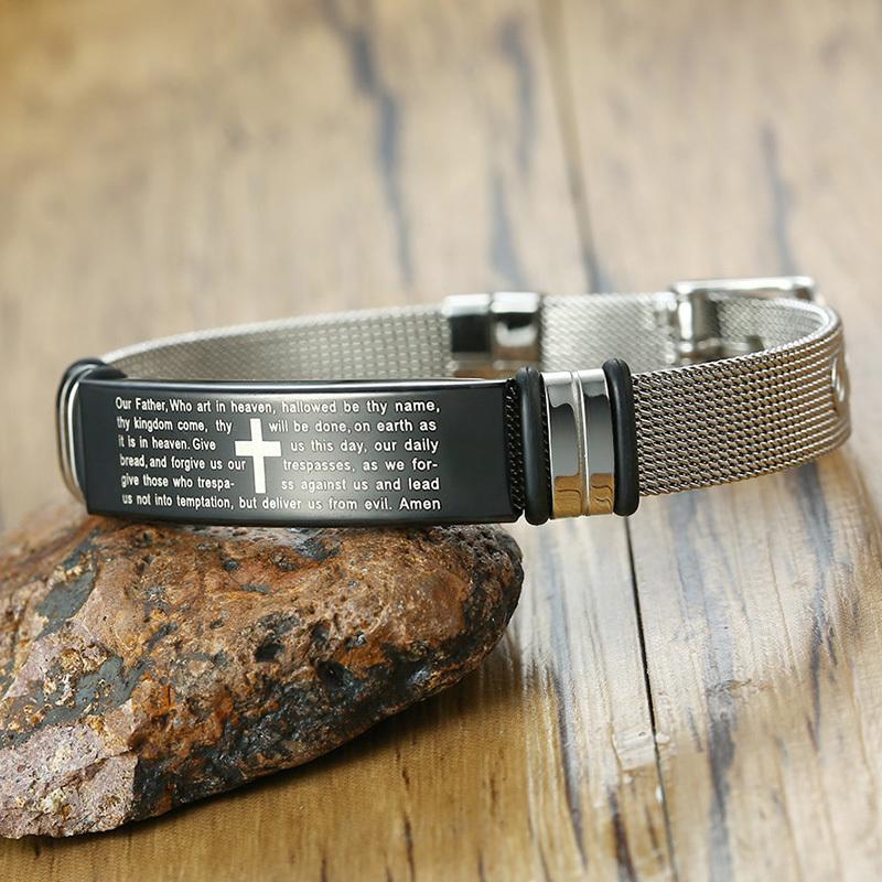 Custom Cross Men's Stainless Steel Bracelet Christian Lord's Prayer Personalized Adjustable