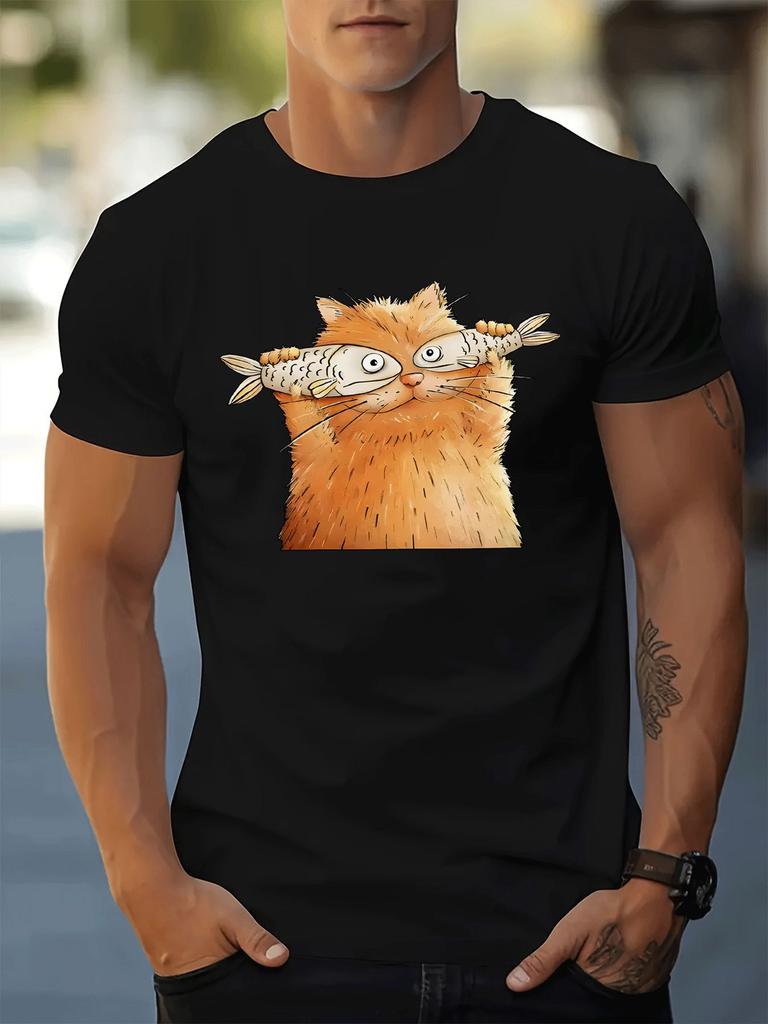 Unisex White Crew Neck Tee Funny Cat Fish Eyes Cartoon Print Loose Oversized Short Sleeve Unisexs Streetwear Summer Casual Basic Top