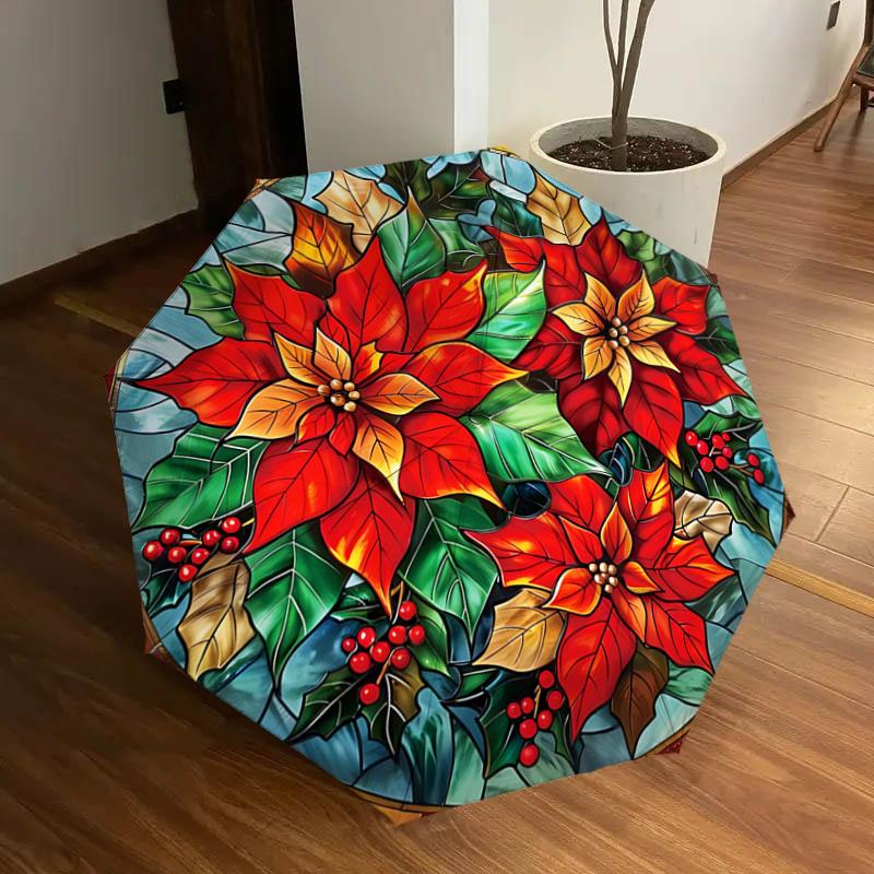 

Stained Poinsettia Design Automatic Opening Folding Umbrella with 8-Bone Iron Frame, Suitable for Fans, Travel, Daily Use, Festive Gift - Li