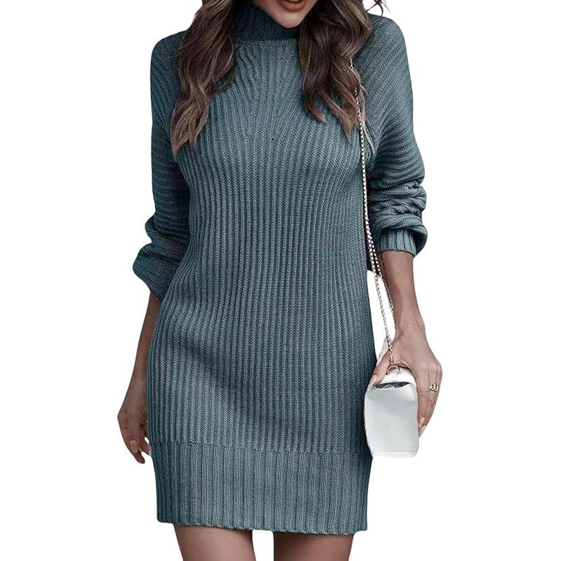 Women's Mock Neck Sweater Dres Long Lantern Sleeve Rib Knit Stretch Bodycon Sweater Dress