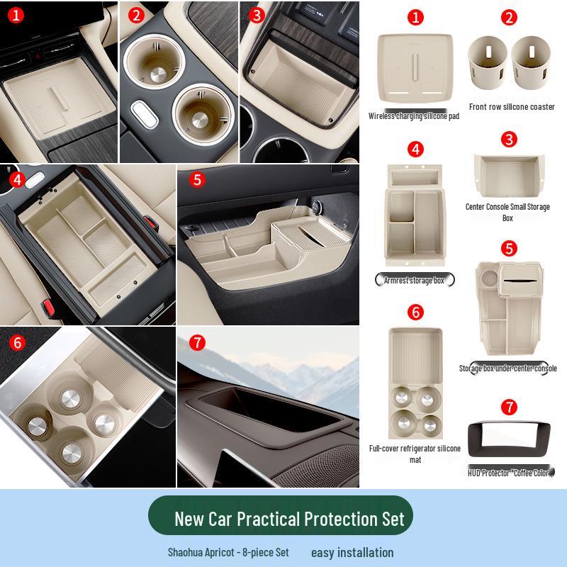 Compatible with 26 AITO M7 models, this silicone car interior set features wireless charging capabilities and decorative modifications.
