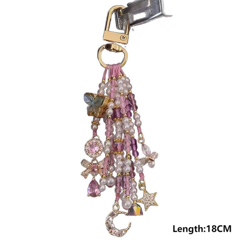 Butterfly Moon Star Zircon Bead Tassel Key Chains for Women Korean Pearl Bow Water Drop Handmade Chain Bag Key Pendant Accessory