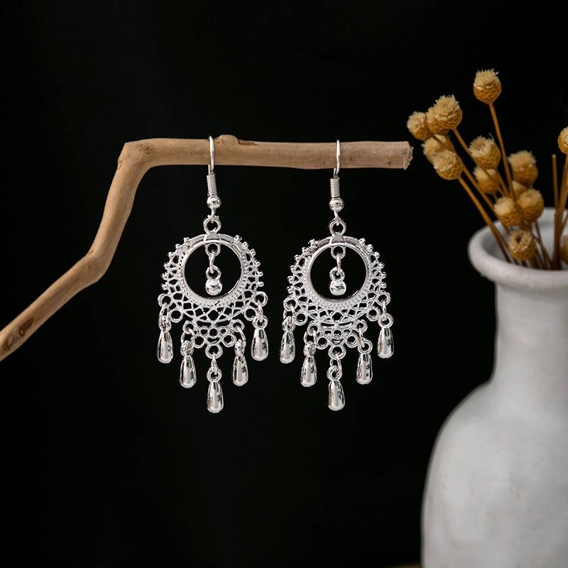 Miao geometric bells, fringed earrings, minority earrings, bohemian long leaf earrings