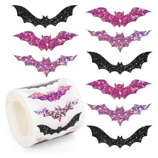 500 Pcs Halloween Bat Sticker Rolls Sparkly Pink Black Bat Decals Reusable Laptop Stickers for Coloring Book Scrapbook Envelope Journal Decor