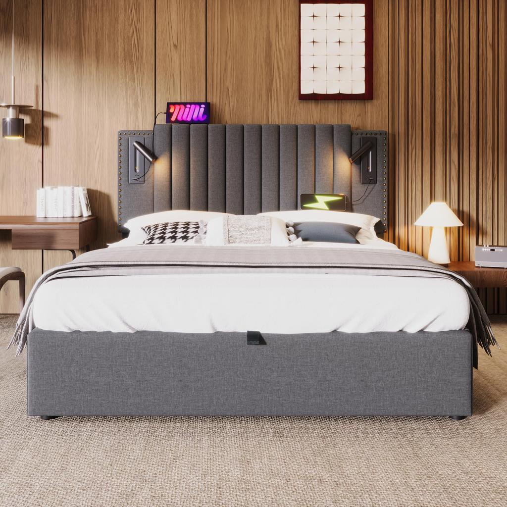 Doppelbett Polsterbett 140x200cm Hydraulisch Stauraum Bettkasten Lattenrost USB Ladefunktion Leselicht verstellbares Kopfteil Baumwolle Grau