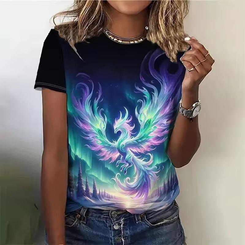 Summer Round Neck 3D Phoenix Pattern Print Top Fashionable Casual Short Sleeved Women's T-shirts
