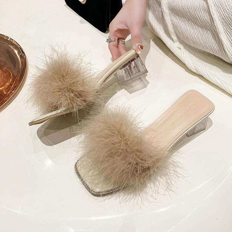Fairy Wind Beautiful Hair Cool Slippers Female Summer Wear 2025 New Internet Celebrity Fashion Crystal Thick High Heel One-word Drag