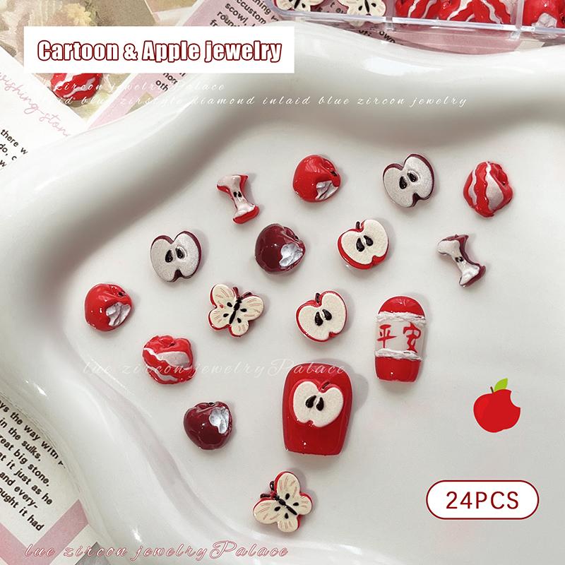 24Pcs/Box Creative Red Apple Resin Nail Charms Fruit Flatback Nail Art Slices Sweet Accessories For Diy Nail Art Decorations