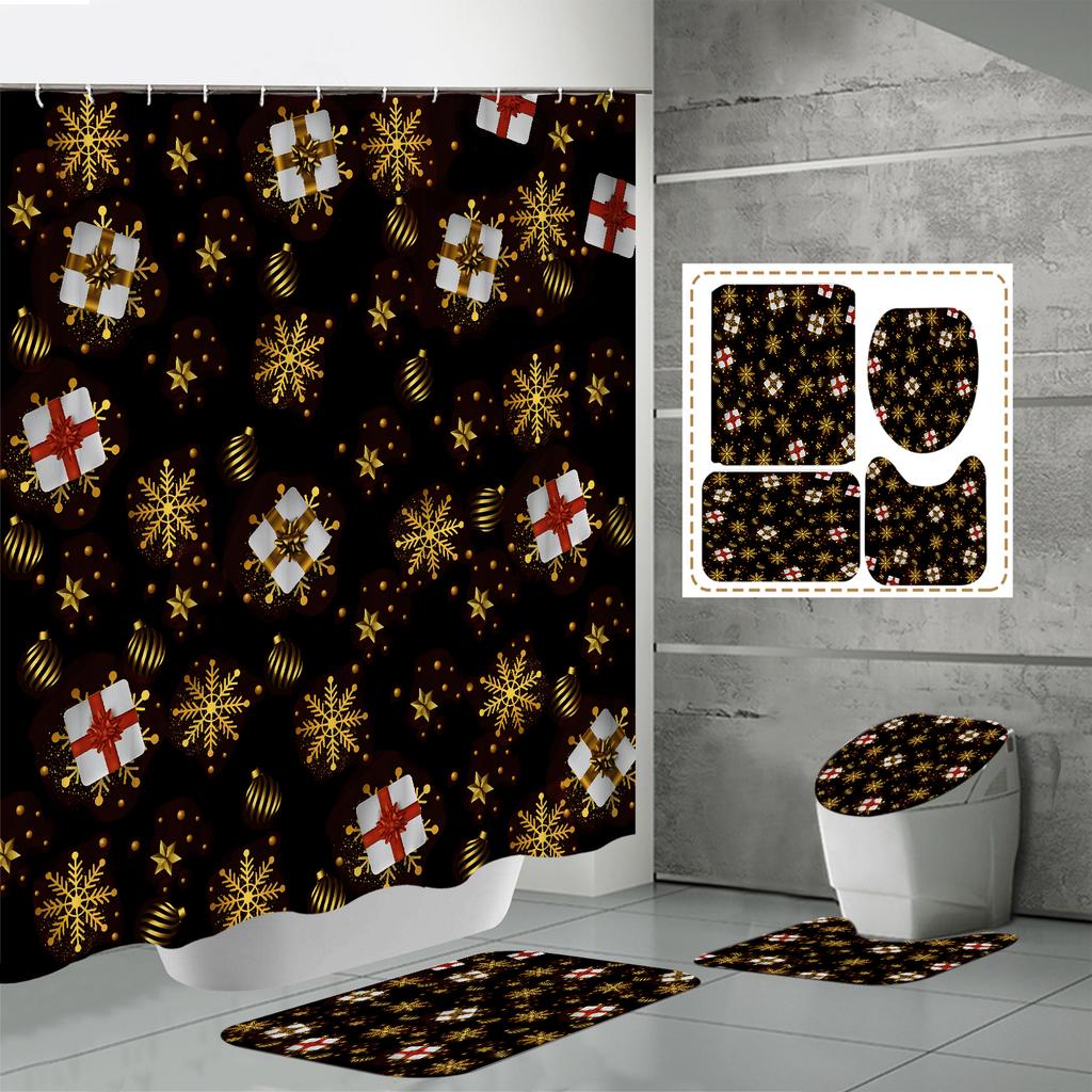 4 buc Seturi Perdea de Duș Cu Perdea de Duș și Covoare Covor Capac Toaletă Covoraș în Formă de U și Covoraș de Baie Set Baie Cu 12 Cârlige