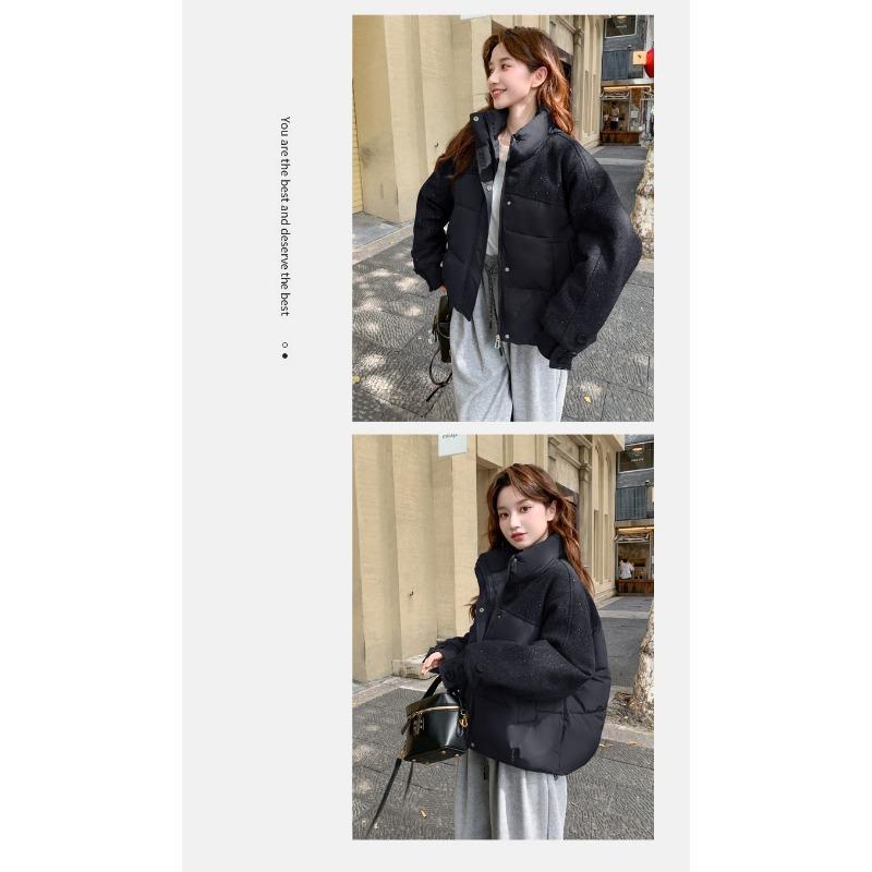 Women Stand Collar Short Spliced Windproof Padded Coat Warm Winter Casual Outerwear