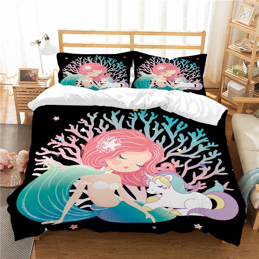Cute Cartoon Mermaid Duvet Cover Twin Queen Ocean Themed Bedding Set Mermaid Princess Comforter Cover For Kids Girls Room Decor
