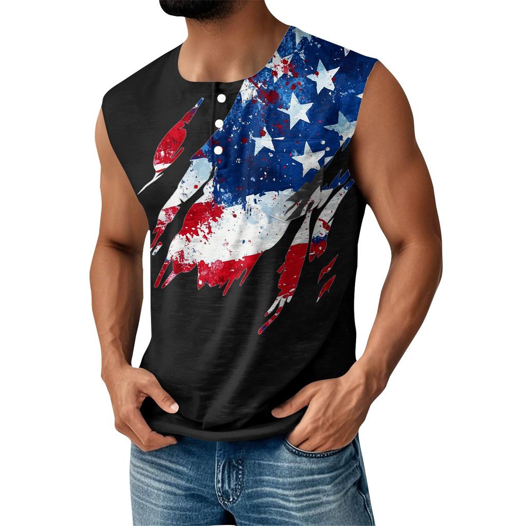 Men's Summer Independence Day Printed Sports Button Pocket Sleeveless Tank Top