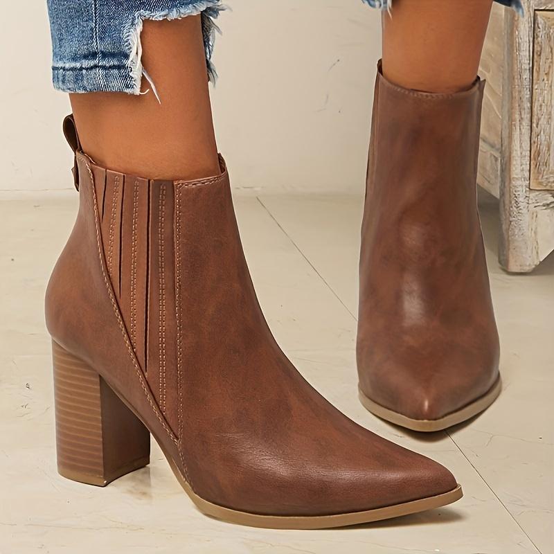 Women's Solid Color Trendy Boots, Slip On Casual Chunky Heel Ankle Boots, Point Toe Chelsea Boots
