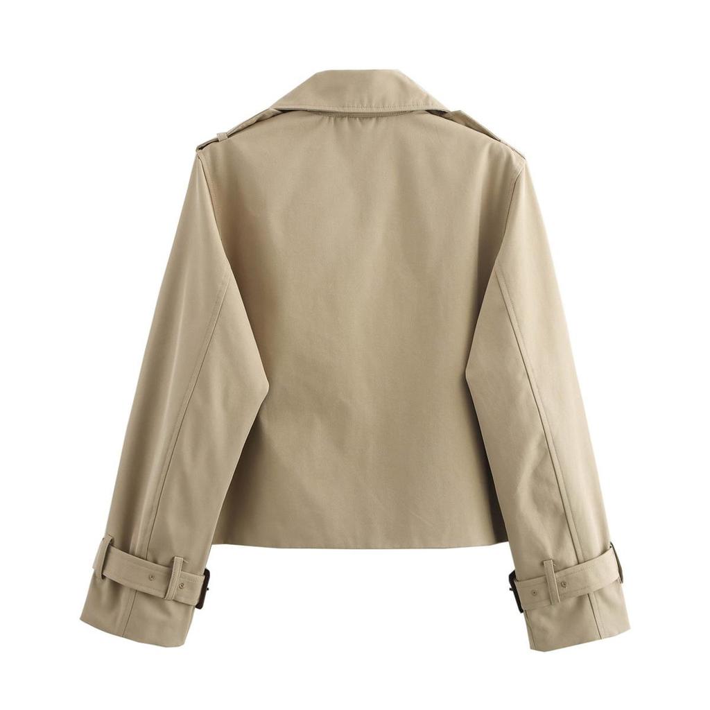 Autumn Women's Coat Solid Cropped Trench Coat Vintage Double Breasted Long Sleeve Short Jacket Lapel Collar Windbreaker